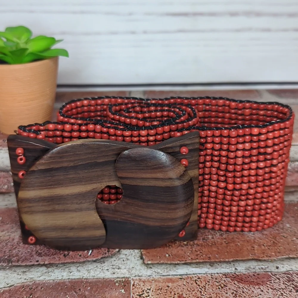 Vtg Glass Bead Wood Stretchy Elastic Belt Burnt Orange‎ Belt Women OS Bohemian